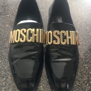 MOSCHINO PATENT LEATHER LOAFERS w/ GOLD LETTERING